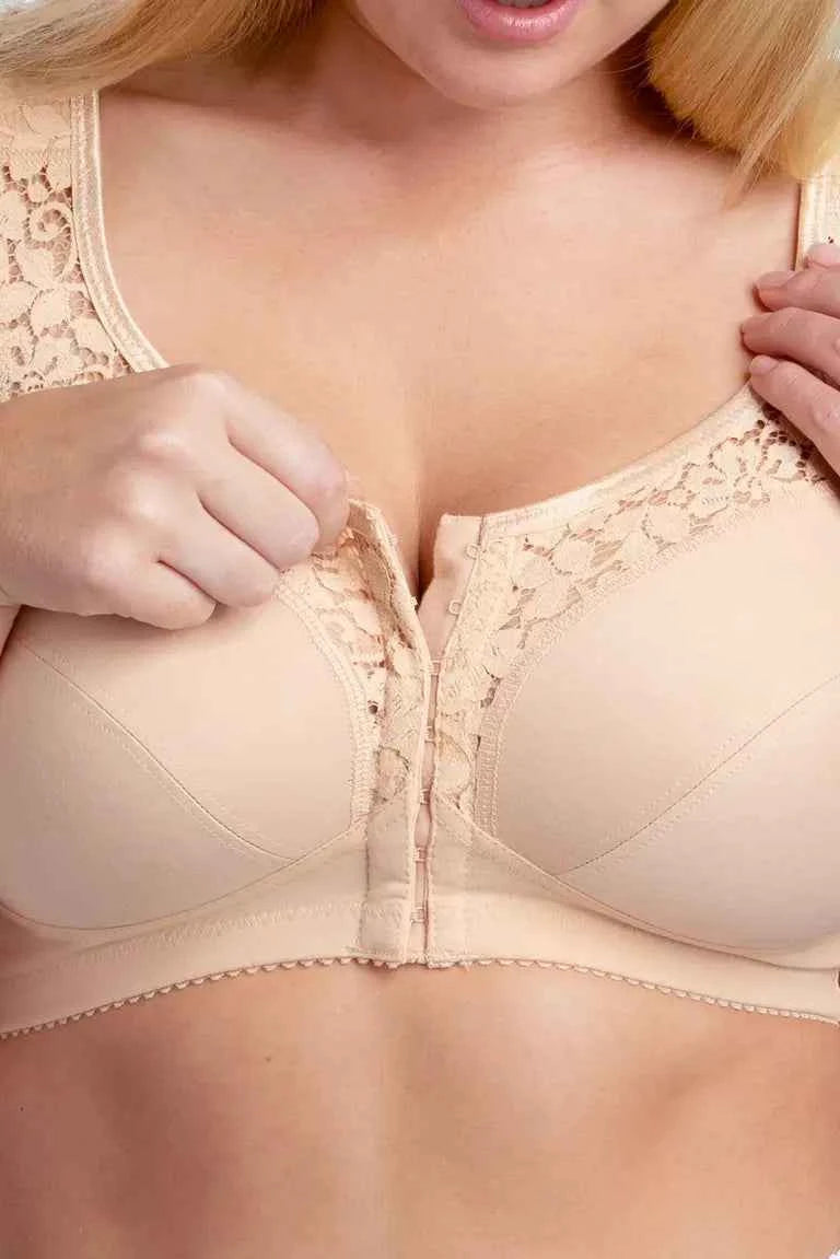 Edestäkiinnitettävät kaarituettomat rintaliivit Miss Mary Cotton Lace valkoinen