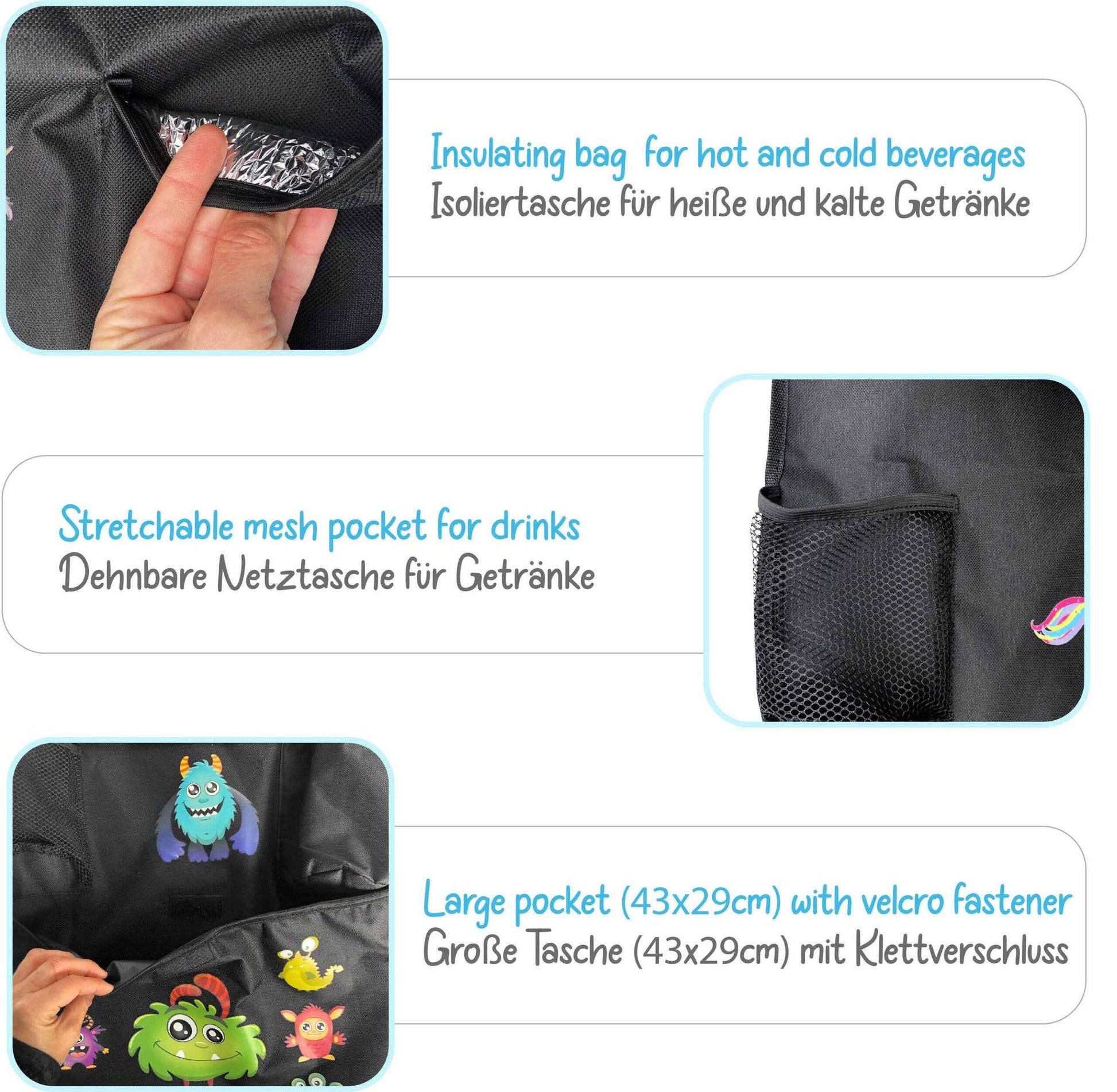 Lasten takapenkin tablettikotelo, mukiteline ja muovitasku Monsterit